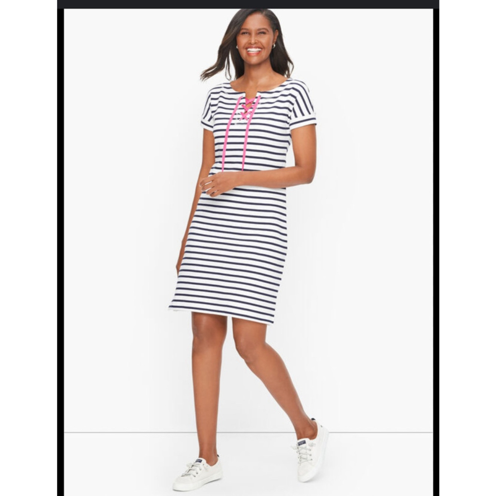 T by Talbots Striped Lace-Up Cotton Terry Dress – Navy/White – MP